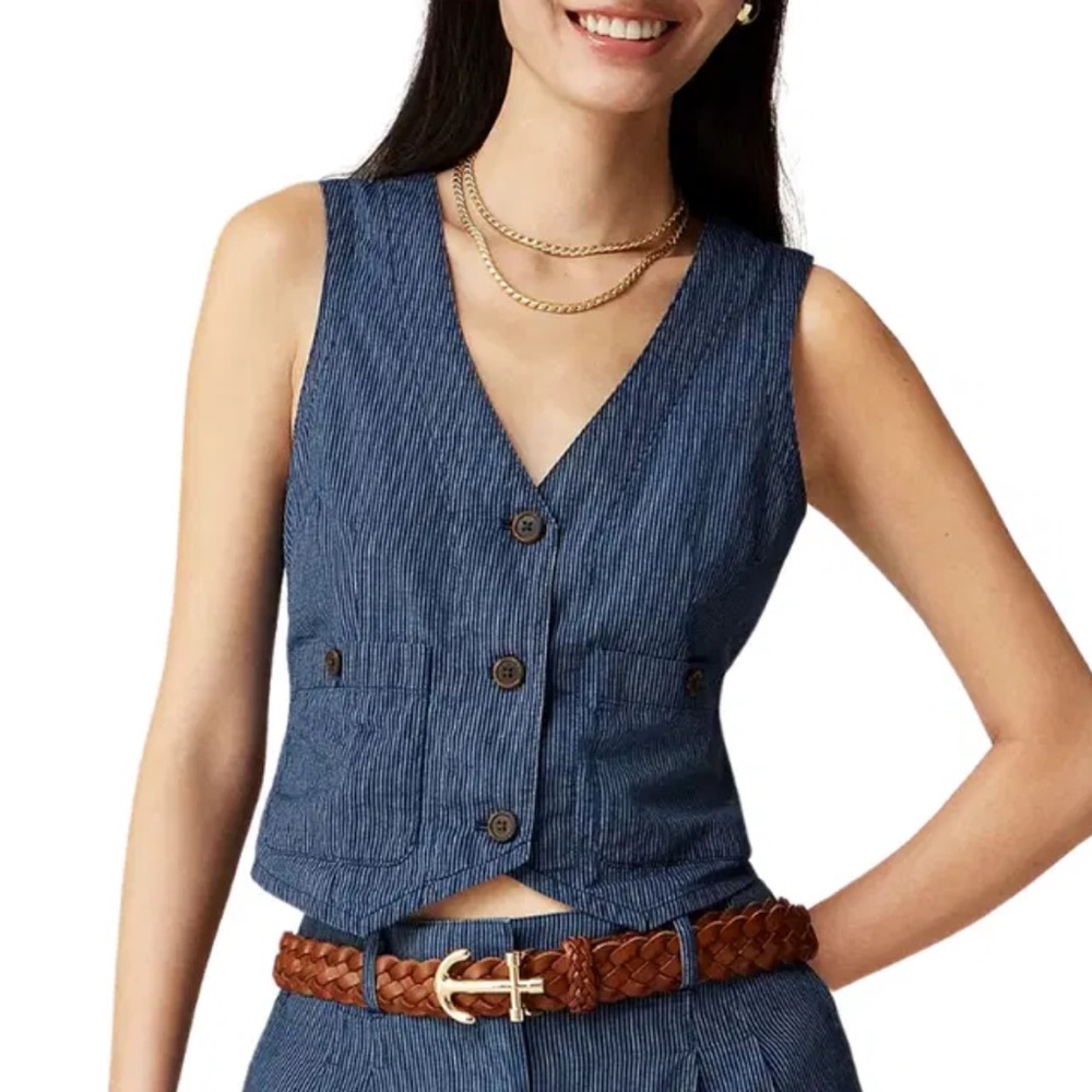NEW J. Crew Patch Pocket Vest in Indigo Stripe Size 2 Railroad Navy Ivory $118